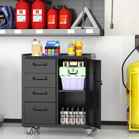 Heavy Duty Mobile Tool Storage Cabinet With Four Drawers And A Locking Door, On Wheels Tool Cart For Garage Or Workshop