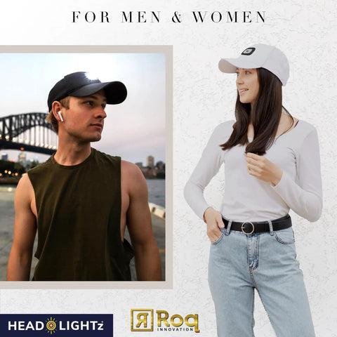 Man and woman wearing Rechargeable LED Baseball Cap With Built In USB Light And 3 Brightness Levels For Running Walking Golf And Camping Hands Free Lighted Hat For Night Jogs Dog Walks And Outdoor Adventures