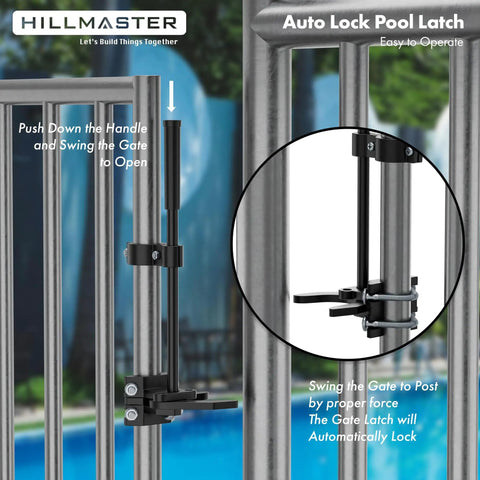 Heavy Duty Auto Pool Gate Latch With Snappy Spring Closer And Easy Push Release For Child Safe Chain Link Fences, detailed view of latch mechanism.