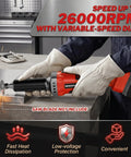 Workhorse Brushless Cordless Die Grinder Compatible With Milwaukee 18V Batteries, held in hand for metal grinding with sparks.