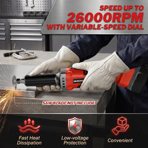 Workhorse Brushless Cordless Die Grinder Compatible With Milwaukee 18V Batteries, held in hand for metal grinding with sparks.