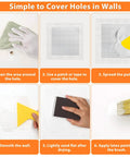 Step-by-step guide using All In One Drywall Patch And Spackle Repair Kit For Quick Holes And Cracks On Walls And Ceilings with tools shown