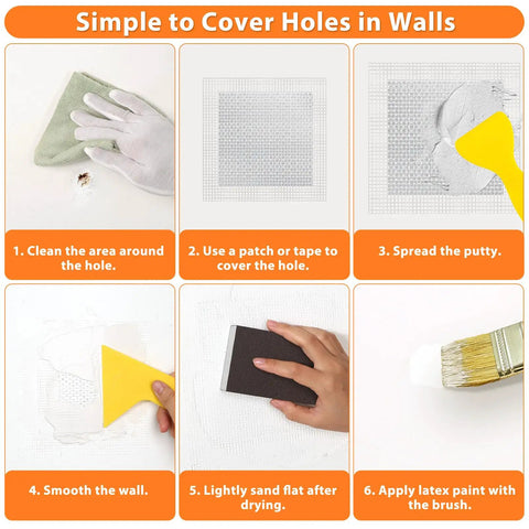 Step-by-step guide using All In One Drywall Patch And Spackle Repair Kit For Quick Holes And Cracks On Walls And Ceilings with tools shown