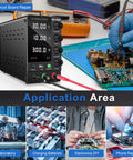Variable DC Power Supply 30V 10A Benchtop Pro-Grade Regulated Switching Power Supply With On Off Output Switch in use for electronics repair