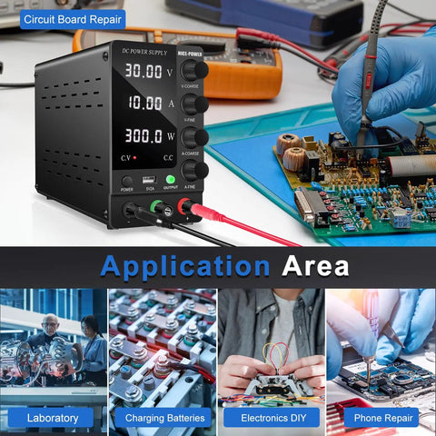 Variable DC Power Supply 30V 10A Benchtop Pro-Grade Regulated Switching Power Supply With On Off Output Switch in use for electronics repair