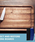 Real Deal Food Grade Mineral Oil For Cutting Boards Includes A Wax Applicator That Knocks Out Dryness On Butcher Block Surfaces And Delivers A Slick Finish with knife and sponge on wood