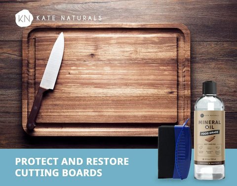 Real Deal Food Grade Mineral Oil For Cutting Boards Includes A Wax Applicator That Knocks Out Dryness On Butcher Block Surfaces And Delivers A Slick Finish with knife and sponge on wood