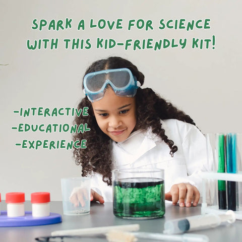 STEM Rock And Mineral Kit For Kids With 30 Real Geology Specimens Hands On Viewer Identification Tools And Testing Tools Geology Set For Young Geologists Ages 8 And Up, child in goggles at lab table
