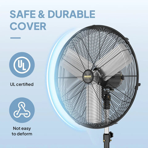 Close-up of 24 Inch Industrial Pedestal Fan With 7600 CFM High Velocity Airflow showcasing safe and durable metal cover with UL certification.