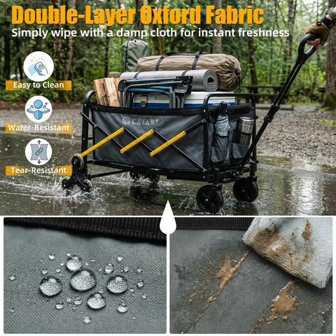 Foldable Stair Climbing Cart With Triangular Wheels carrying camping gear, highlighting water-resistant Oxford fabric