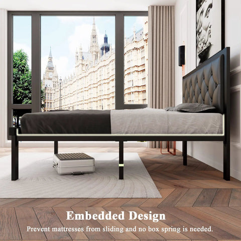Quick Setup Full Size Metal Bed Frame With Faux Leather Tufted Headboard in stylish bedroom view with underbed storage.
