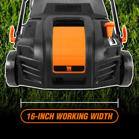 Front view of Two In One Electric Dethatcher And Scarifier with 16-inch clearing path and orange design on grass