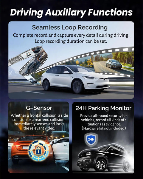 Driving auxiliary functions of a 4K Rear View Mirror Camera With CarPlay And Android Auto, featuring loop recording and G-Sensor.