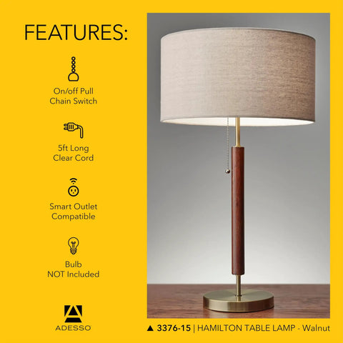 Hamilton Table Lamp With Walnut Eucalyptus Wood And Antique Brass Finish, 26.25 Inch Tall, Linen Shade, 100W Incandescent Or 26W CFL, Dope Modern Brown Desk Lamp For Living Room And Office