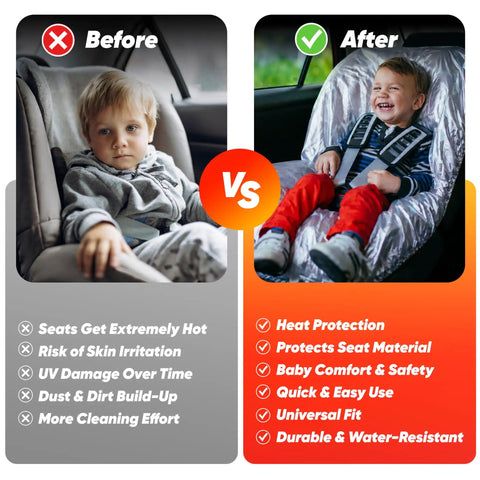 Comparison of child in car seat before and after using Baby Car Seat Sun Shade Cover Heat Protector Keeps Kid Cool On Every Ride UV Blocking Insulated Shade With Reflective Film Easy Install For Infants Travel Accessory On Hot Days