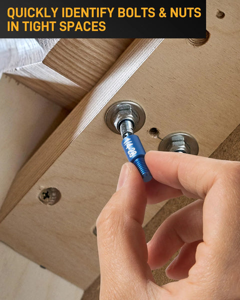Blue bolt thread gauge from a nut-and-bolt thread checker kit used to size a bolt in a tight space