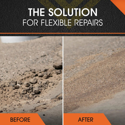 Before and after using FlexSet Rapid Concrete Repair Kit Self Leveling Epoxy Cement For Driveways Foundations Large Cracks And Outdoor Repairs Gray 3 Gallon No Tear Out Required Cold Applied Quick Set Solution For Fast Durable Fix on paved surface.