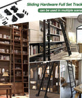 Heavy Duty Industrial Rolling Ladder Hardware Kit With Adjustable Carbon Steel Track, Quiet Rails, 8ft installed in home library.