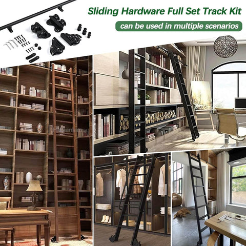 Heavy Duty Industrial Rolling Ladder Hardware Kit With Adjustable Carbon Steel Track, Quiet Rails, 8ft installed in home library.