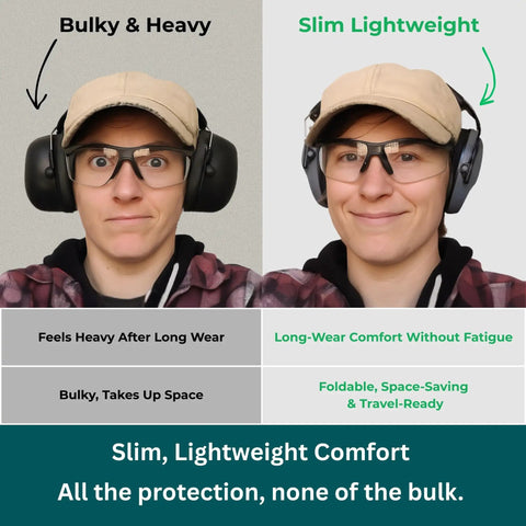 Comparison of bulky earmuffs versus slim 34 dB NRR Hearing Protection Ear Muffs For Loud Events And Sensory Use Ultra Slim And Lightweight Design