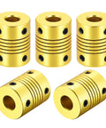 Five Pack 8mm To 8mm Aluminum Shaft Coupling Flexible Coupler Zero Backlash 25mm Long 20mm OD Golden Tone For Small Torque Shafts And DIY Projects For Makers And Hobbyists