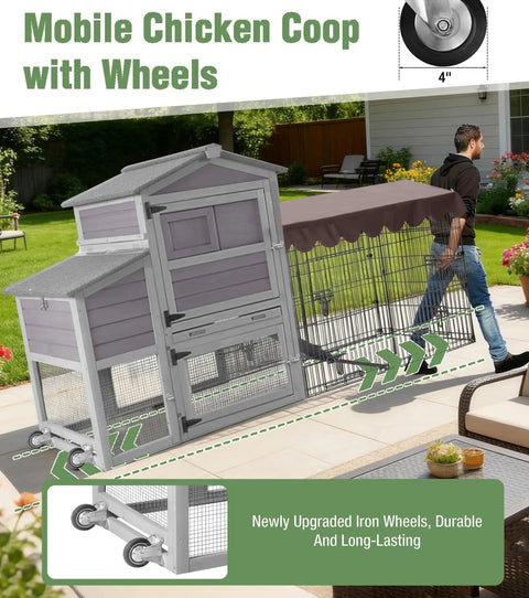 Mobile Chicken Coop With Run Wheels And Waterproof Cover Removable Iron Tray Large Nesting Box Ventilated Sliding Window