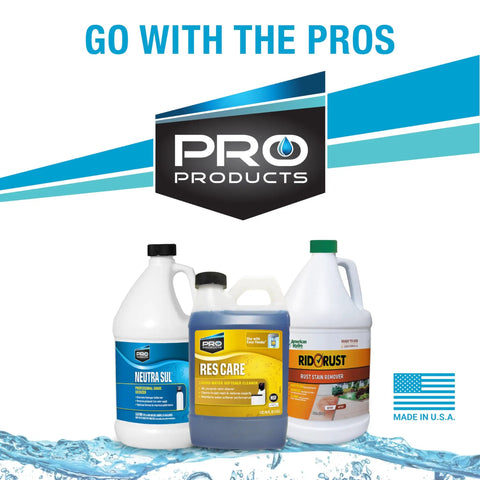 Assorted PRO Products cleaners with Neutra Sul, Res Care, and Rid O' Rust bottles on a water-themed background.