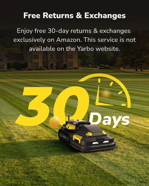 Robotic Lawn Mower Pro With Blower And Snow Blower Modular System for Large Yards, showing 30-day returns offer on a lawn.