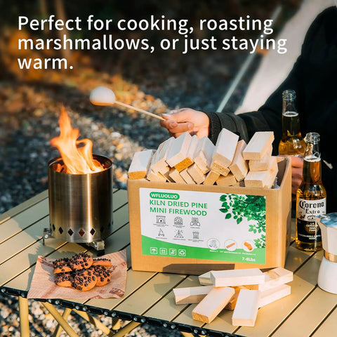 Person using 4 Inch Pine Fire Sticks Kiln Dried Firewood 8 Lb Pack Barkless Mini Kindling Logs for Solo Stove Mesa tabletop fire pit
