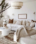 Living room with Boho Fringe Chandelier Pendant Light For Nursery Or Bedroom, Handmade 3 Light Fixture With Cream Fringe