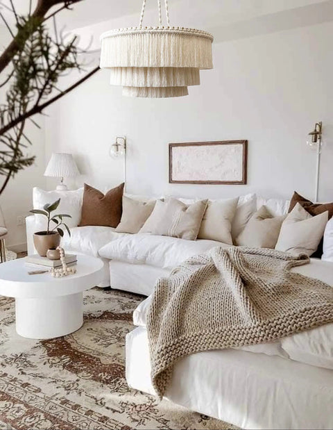 Living room with Boho Fringe Chandelier Pendant Light For Nursery Or Bedroom, Handmade 3 Light Fixture With Cream Fringe