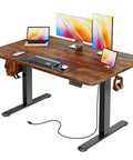 Huuger 47 X 24 Inch Height Adjustable Electric Standing Desk In Rustic Brown With Built-In Power Outlets USB-C Port And Cable Management System For Home Office Gaming Setup Sit Stand Ergonomic Computer Workstation with dual monitors and laptop