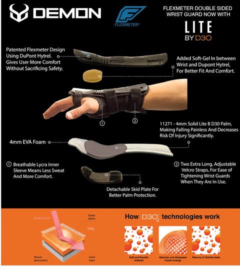 Flexmeter Double Sided Wrist Guards With Integrated D3O Impact Technology Beefed Up Pro Grade For Snowboarding Skating And Action Sports Size Medium Doctor Recommended For All Skill Levels image showing detachable skid plate and soft-gel insert