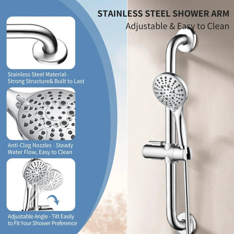 Stainless Steel Shower Grab Bar Set With Handheld Shower Head And Extra Long Hose Chrome Plated Durable Safe Mount 23 Inch Sliding Bar