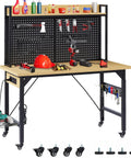 Heavy Duty 48 Inch Adjustable Workbench With Pegboard And Smooth Rolling Casters Built Like A Tank For Welding Jobs And Knockout Garage Tool Storage With AC USB Charging Ports And Sweet Hanging Hooks, featuring tools and equipment on top.