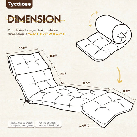 Diagram of an Outdoor Chaise Lounge Chair Cushion Waterproof Memory Foam Replacement with Secure Ties 74.4 x 22 x 4.7 inches