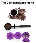 Reusable K Cup Filter Pod Kit For 1.0 And 2.0 Single Serve Coffee Makers with scoop, coffee beans, and purple filters displayed.