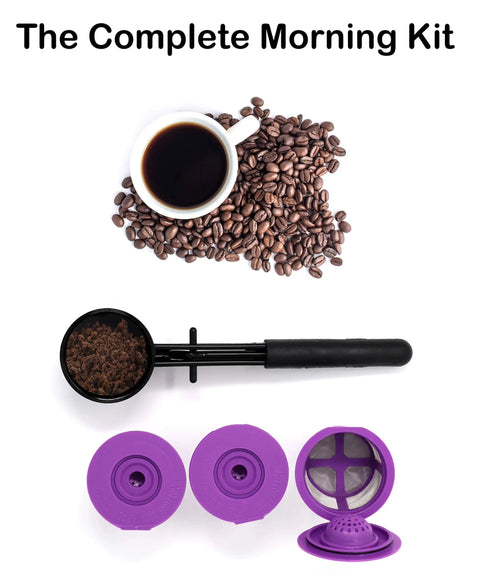 Reusable K Cup Filter Pod Kit For 1.0 And 2.0 Single Serve Coffee Makers with scoop, coffee beans, and purple filters displayed.
