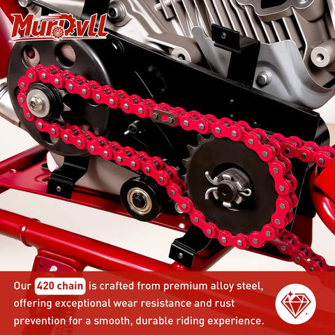 Beefy 420 Chain Kit With Roller Links 90 Plus 42 for Coleman mini bikes, close-up on red chain and sprocket.