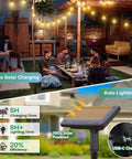 105ft Solar String Lights Outdoor Waterproof Patio Lighting With 30 Plus 2 Shatterproof S14 Bulbs 4 Modes 3 Timers IP65 Backyard Garden Party Glow For Balcony Deck Porch And Yard Lit Vibes highlighting their solar charging feature and cozy ambiance in patio setting.