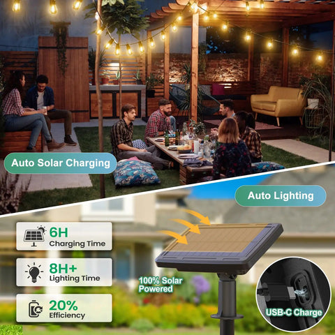 105ft Solar String Lights Outdoor Waterproof Patio Lighting With 30 Plus 2 Shatterproof S14 Bulbs 4 Modes 3 Timers IP65 Backyard Garden Party Glow For Balcony Deck Porch And Yard Lit Vibes highlighting their solar charging feature and cozy ambiance in patio setting.