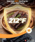 Close-up of crispy beef jerky with herbs highlighting upgraded 212°F heating for effective drying in the Straight Shooter 700 Watt Food Dehydrator With Eight Roomy Trays And Quick 360 Hot Air Circulation That Cranks Up To 212 Degrees Plus A No Mess Twenty Four Hour Timer For Fruit Jerky And Herbs.