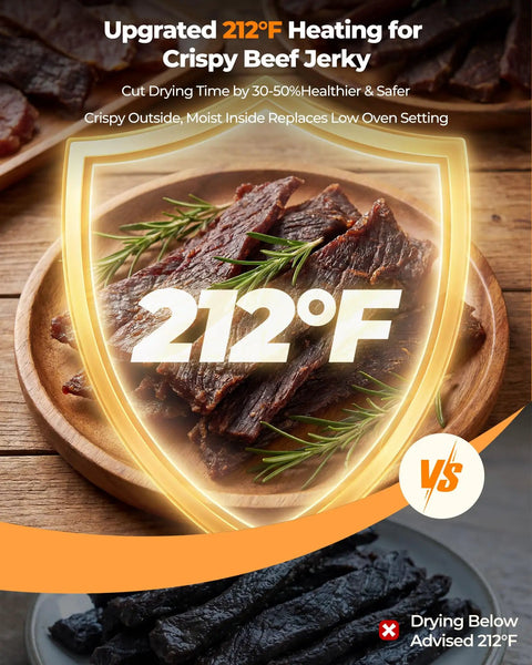 Close-up of crispy beef jerky with herbs highlighting upgraded 212°F heating for effective drying in the Straight Shooter 700 Watt Food Dehydrator With Eight Roomy Trays And Quick 360 Hot Air Circulation That Cranks Up To 212 Degrees Plus A No Mess Twenty Four Hour Timer For Fruit Jerky And Herbs.