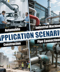 Application scenarios for automotive, industrial machinery, construction, and pipe connections displayed in four sections.