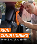 Man using leather care gel for cars trucks and motorcycles interior cleaner and conditioner on car seat