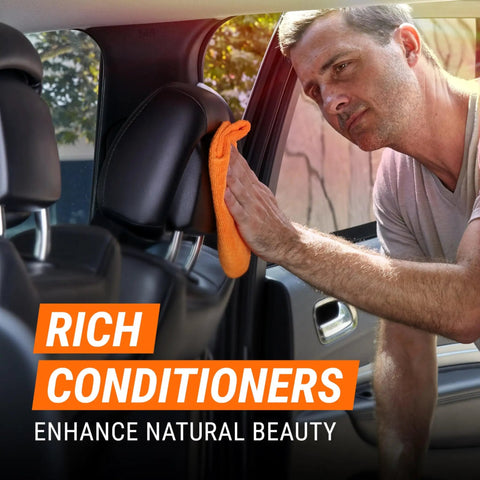 Man using leather care gel for cars trucks and motorcycles interior cleaner and conditioner on car seat