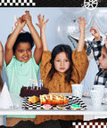 Set Of Three 13 X 10 Inch Rectangular Checkered Serving Trays Black And White Racer Platters for birthday party snacks.