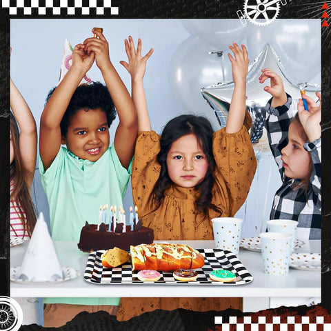 Set Of Three 13 X 10 Inch Rectangular Checkered Serving Trays Black And White Racer Platters for birthday party snacks.