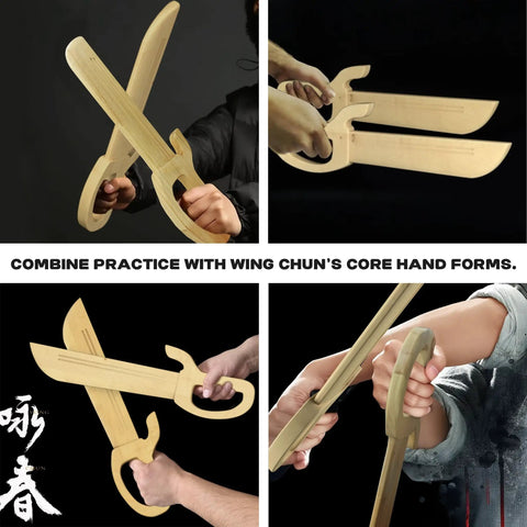 Natural Hardwood Wing Chun Butterfly Swords Set For Kung Fu Training in hand during Bart Cham Dao practice