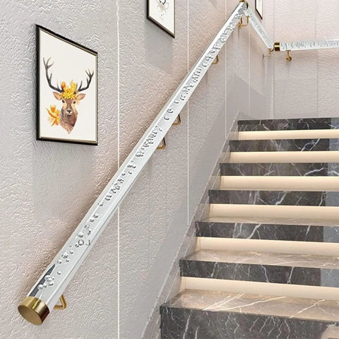 Clear Acrylic Staircase Handrail With Heavy Duty Stainless Brackets And Non Slip Grip For Safe Indoor Hallway Or Porch Access In Custom Lengths That Guarantee A No Hassle Top Shelf Install Daily on stylish staircase with decorative wall art.